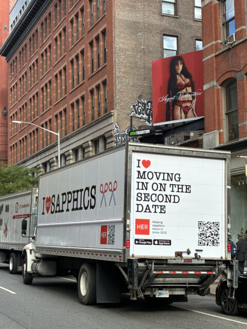 HER app’s sapphic moving truck rolls through NYC, helping queer couples move in and celebrate love in real life.