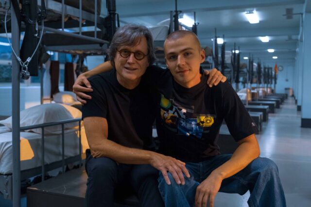 BOOTS. (L to R) Co-EP Greg Cope White and Miles Heizer behind the scenes of Episode 106 of Boots. Cr. Patti Perret/Netflix © 2024