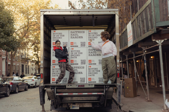 HER app’s sapphic moving truck rolls through NYC, helping queer couples move in and celebrate love in real life.