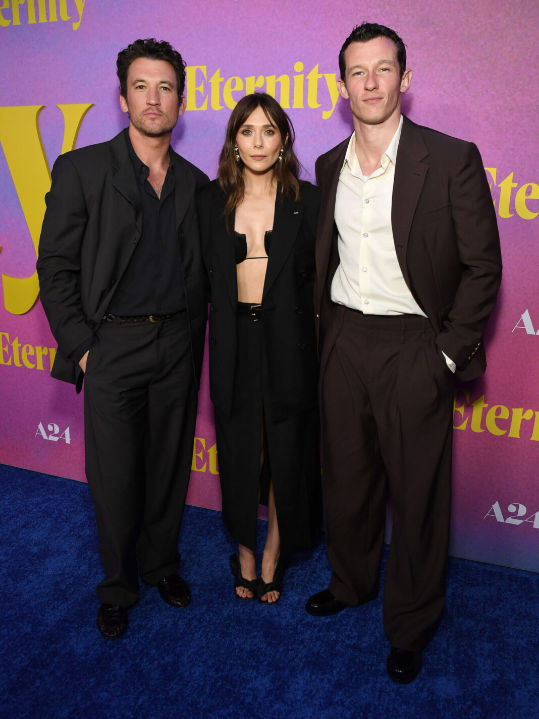 Miles Teller, Elizabeth Olsen and Callum Turner at the New York Premiere of A24’s ETERNITY on November 8, 2025. Photo: Kristina Bumphrey for A24