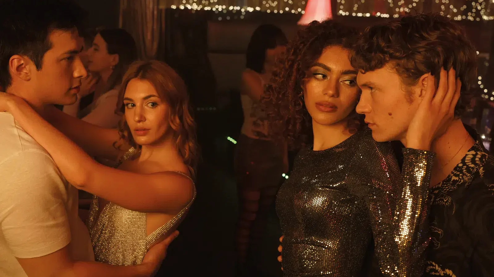 Hudson Williams as Shane Hollander, Sophie Nélisse as Rose Landry, Ksenia Daniela Kharlamova as Svetlana, and Connor Storrie as Ilya Rozanov in Episode 104 of Heated Rivalry. Photo: Sabrina Lantos © 2025