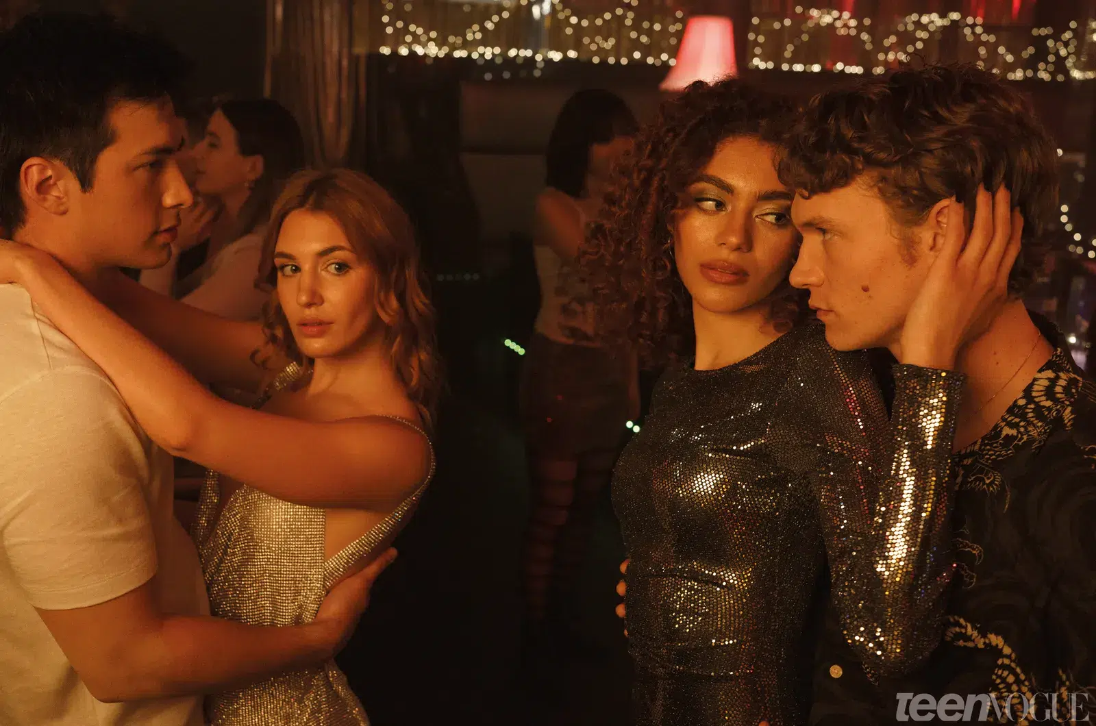 Hudson Williams as Shane Hollander, Sophie Nélisse as Rose Landry, Ksenia Daniela Kharlamova as Svetlana, and Connor Storrie as Ilya Rozanov in Episode 104 of Heated Rivalry. Photo: Sabrina Lantos © 2025