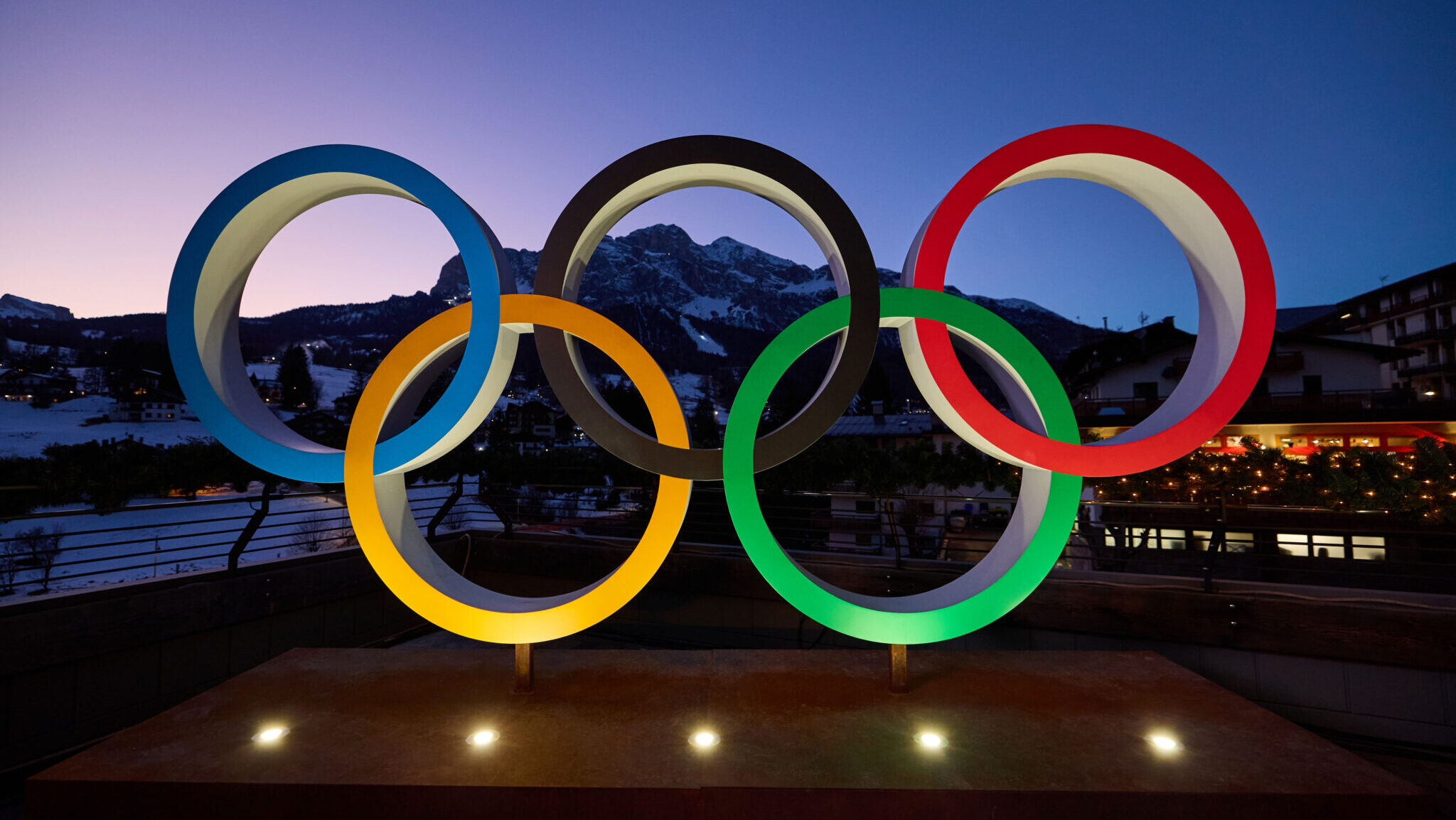 A general view of the Olympic rings in front of the Olympia delle Tofane ski run during Milano Cortina 2026 Winter Olympic Games - 1 Year To Go event on February 06, 2025 in Cortina d'Ampezzo, Italy.