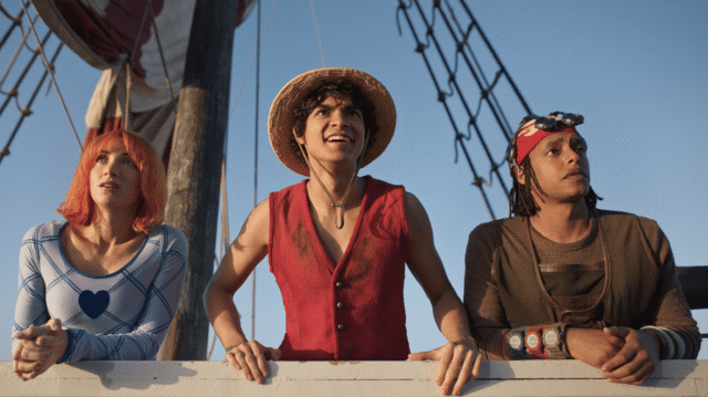 One Piece. (L to R) Emily Rudd as Nami, Iñaki Godoy as Monkey D. Luffy, Jacob Romero as Usopp in season 2 of One Piece. Cr. Courtesy of Netflix © 2025