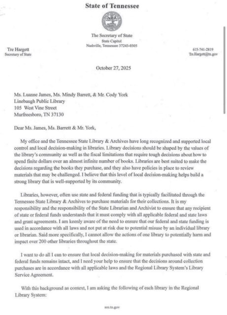 Secretary of State in October (see attachment) requiring a full audit of the libraries' juvenile books to better align with Trump's so-called "Defending Women from Gender Ideology Extremism and Restoring Biblical Truth to the Federal Government" executive order issued on January 20.