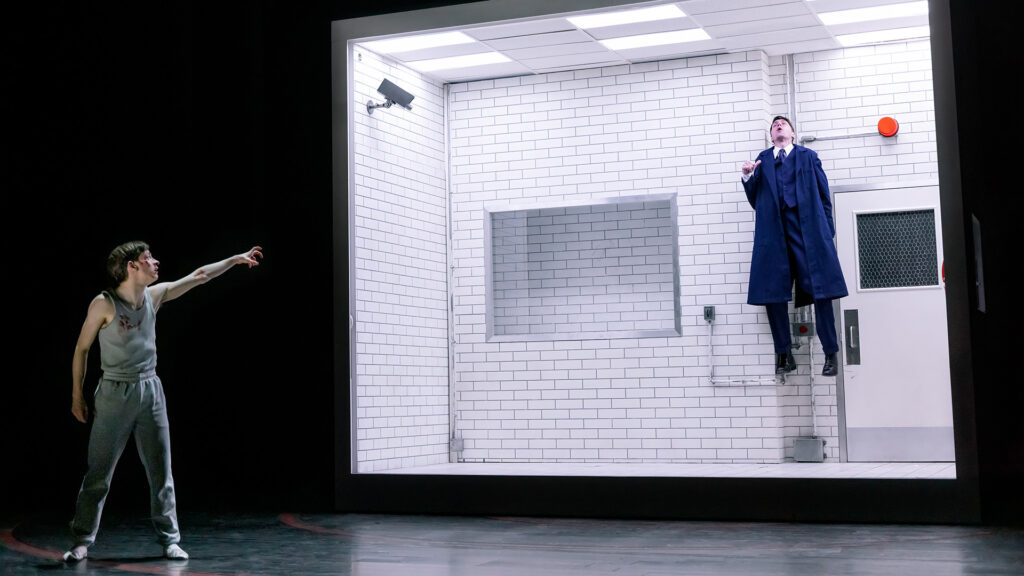 STRANGER THINGS: THE FIRST SHADOW - BROADWAY. (L-R) Louis McCartney as Henry Creel and Alex Breaux as Dr. Brenner in Netflix’s Stranger Things: The First Shadow at Marquis Theatre on Broadway. Photo Cr. Matthew Murphy and Evan Zimmerman/Netflix