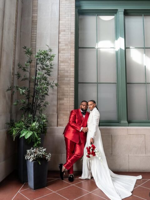 Chad Capers (left) and Jordan Taylor-Capers (right) pictured after their wedding ceremony at Macon Terminal Station in Macon, GA. (Photo by LaJoy Photography)