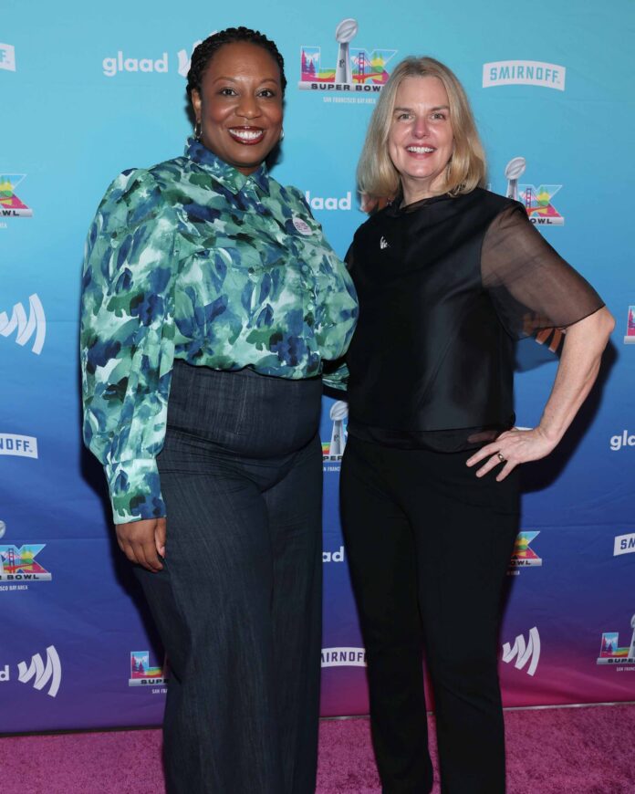 Imani Rupert-Gordon and President & CEO of GLAAD Sarah Kate Ellis attend the 5th Annual A Night of Pride with GLAAD and NFL on February 06, 2026 in San Francisco, California. (Photo by Rich Polk/Getty Images for GLAAD)