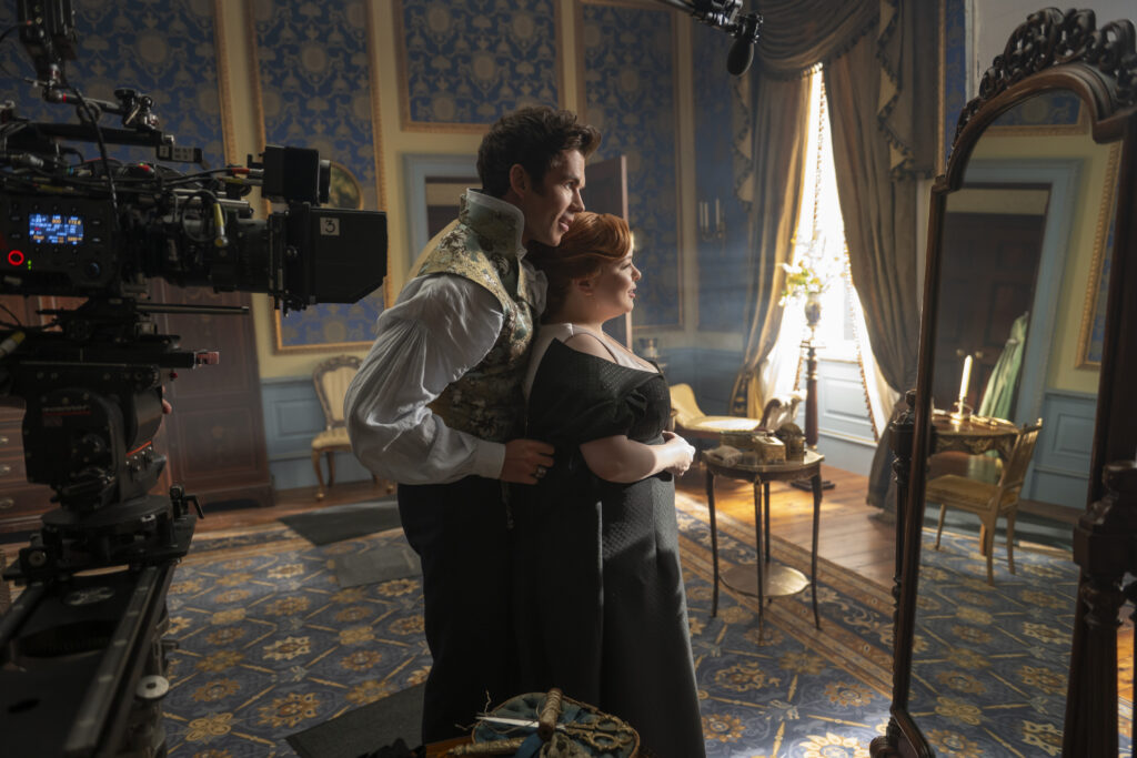 Bridgerton. (L to R) Luke Newton as Colin Bridgerton, Nicola Coughlan as Penelope Bridgerton in episode 401 of Bridgerton. Cr. Liam Daniel/Netflix © 2025