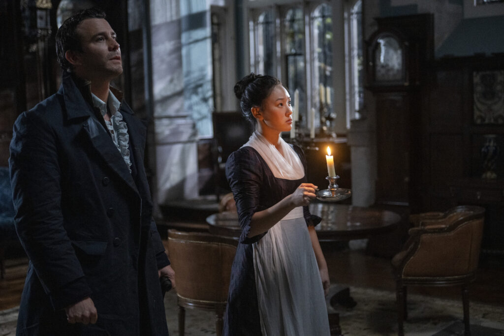 Bridgerton. (L to R) Luke Thompson as Benedict Bridgerton, Yerin Ha as Sophie Baek in episode 403 of Bridgerton. Cr. Liam Daniel/Netflix © 2025