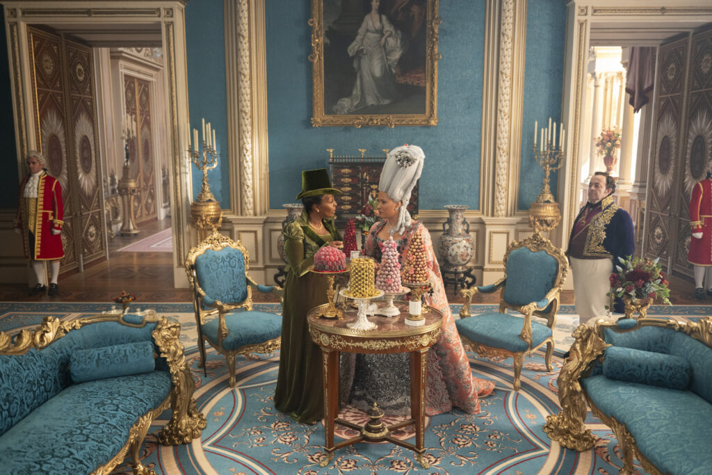 Bridgerton. (L to R) Adjoa Andoh as Lady Danbury, Golda Rosheuvel as Queen Charlotte, Hugh Sachs as Brimsley in episode 403 of Bridgerton. Cr. Liam Daniel/Netflix © 2025