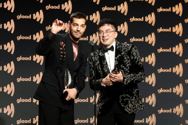 (L-R) Matt Rogers and Bowen Yang accept an award onstage during the 37th Annual GLAAD Media Awards at The Beverly Hilton on March 05, 2026 in Beverly Hills, California. 