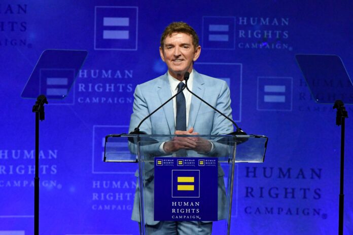Michael Patrick King accepts the Visibility Award onstage during Human Rights Campaign's 2026 Los Angeles Dinner at Fairmont Century Plaza on March 28, 2026 in Los Angeles, California. (Photo by Jon Kopaloff/Getty Images for Human Rights Campaign)