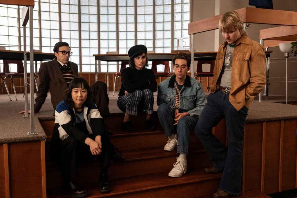 L-R: Josh Zuckerman as Mr. Martin, Ci Hang Ma as Quinn, Sarah Yarkin as Rhonda, Nick Pugliese as Charley and Miles Elliot as Yuri in School Spirits, episode 8, season 3, streaming on Paramount+, 2026. Photo Credit: Ed Araquel/Paramount+.