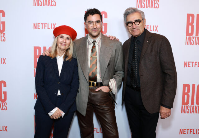 (L-R) Deborah Divine, Dan Levy and Eugene Levy attend the NYC Premiere Screening and Party for BIG MISTAKES on April 06, 2026 in New York City. (Photo by Jason Mendez/Getty Images for Netflix)
