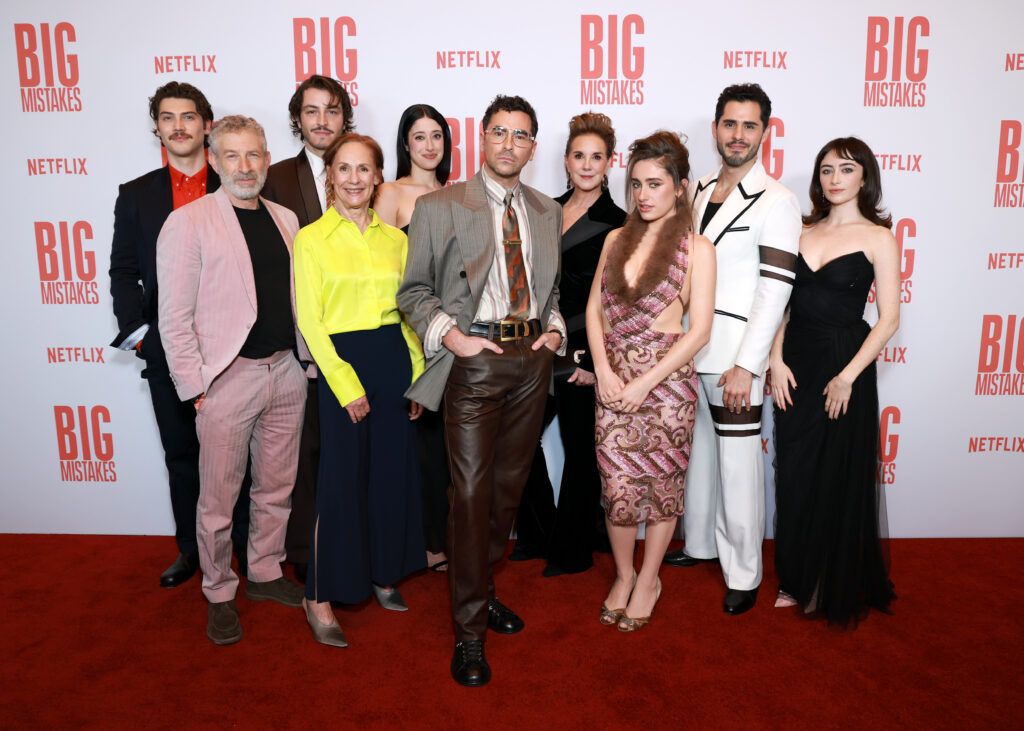 (L-R) Andy Weil, Jack Innanen, Mark Ivanir, Boran Kuzum, Tracey Pakosta, Jinny Howe, Laurie Metcalf, Taylor Ortega, Dan Levy, Elizabeth Perkins, Bela Bajaria, Jacob Gutierrez, Rachel Sennott, Abby Quinn, Jacqui Rivera, Timothy Greenberg, Anne-Marie McGintee and Erin Levy attend the NYC Premiere Screening and Party for BIG MISTAKES on April 06, 2026 in New York City.