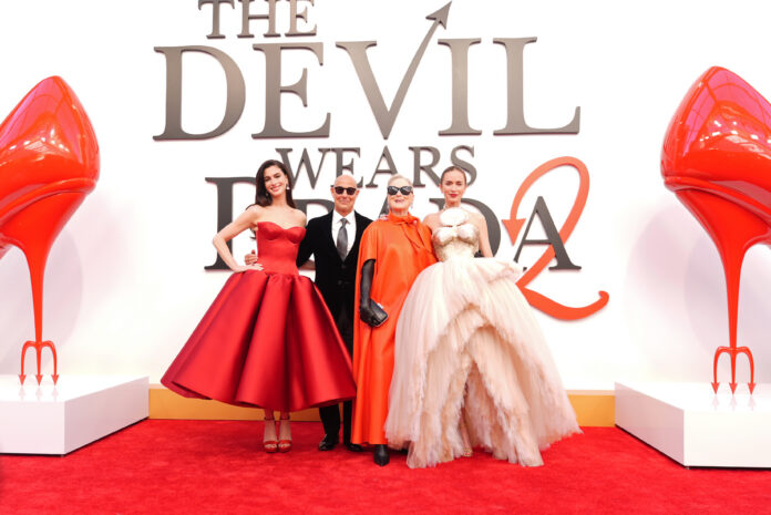 Anne Hathaway, Stanley Tucci, Meryl Streep and Emily Blunt attend the world premiere of The Devil Wears Prada 2 at Lincoln Center in New York, New York on April 20, 2026. (Photo by TheStewartofNY/Getty Images for 20th Century Studios )