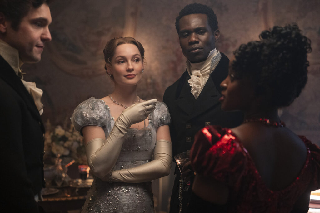 Bridgerton. (L to R) Hannah Dodd as Francesca Bridgerton, Victor Alli as John Stirling, Masali Baduza as Michaela in episode 405 of Bridgerton. Cr. Liam Daniel/Netflix © 2025