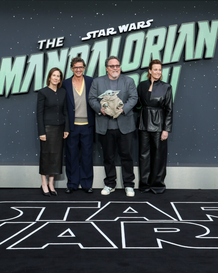 (L to R) Kathleen Kennedy, Pedro Pascal, Jon Favreau and Sigourney Weaver attend the UK Fan Event of Lucasfilm and Star Wars' 'The Mandalorian and Grogu' at Cineworld Leicester Square, London on May 7th, 2026. (Photo by StillMoving.Net for The Walt Disney Company Limited)