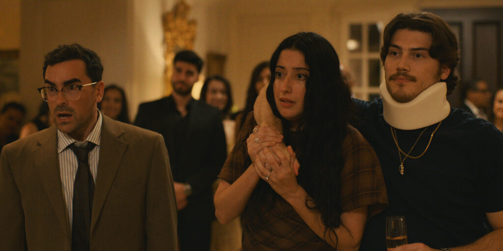 BIG MISTAKES. (L to R) Dan Levy as Nicky, Taylor Ortega as Morgan, and Jack Innanen as Max in Episode 108 of Big Mistakes. Cr. Courtesy of Netflix © 2025