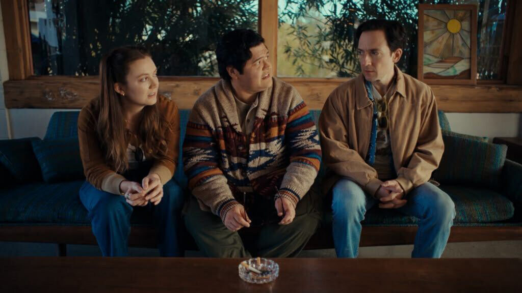 Josh Brener, Harvey Guillén, and Billie Lourd in THAT FRIEND (Photo: Straw Hut Media)