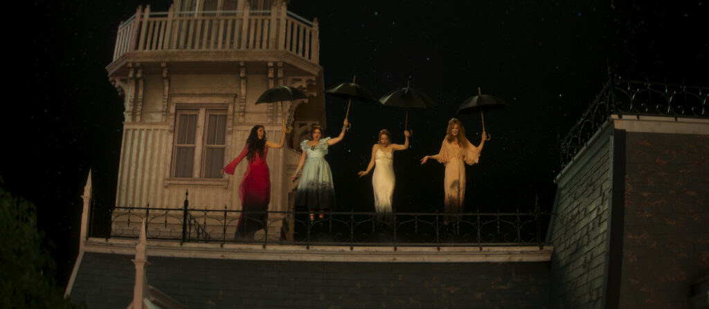 (L-R) SANDRA BULLOCK as Sally Owens, MAISIE WILLIAMS as Antonia, JOEY KING as Kylie, and NICOLE KIDMAN as Gillian Owens in “Practical Magic 2,” a Warner Bros. Pictures release.