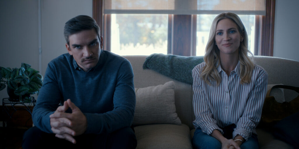 The Hunting Wives. (L to R) Evan Jonigkeit as Graham, Brittany Snow as Sophie in episode 201 of The Hunting Wives. Cr. Courtesy of Netflix © 2026