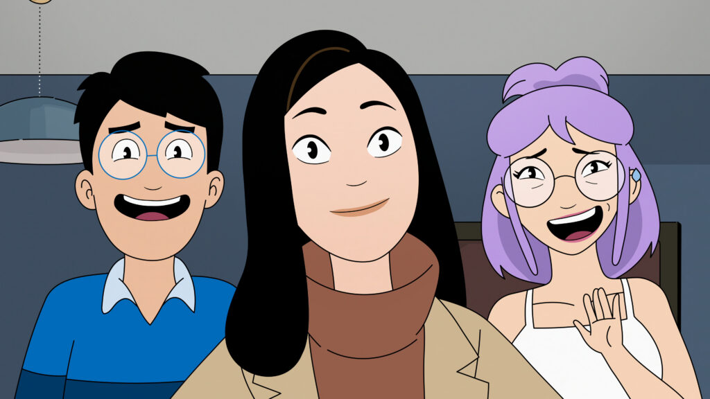 Dang! S1. (L to R) Andrew Law as Andrew Dang, Stephanie Hsu as Ruthie Dang and Poppy Liu as Eunice Dang in Dang! S1. Cr. Courtesy of Netflix © 2026