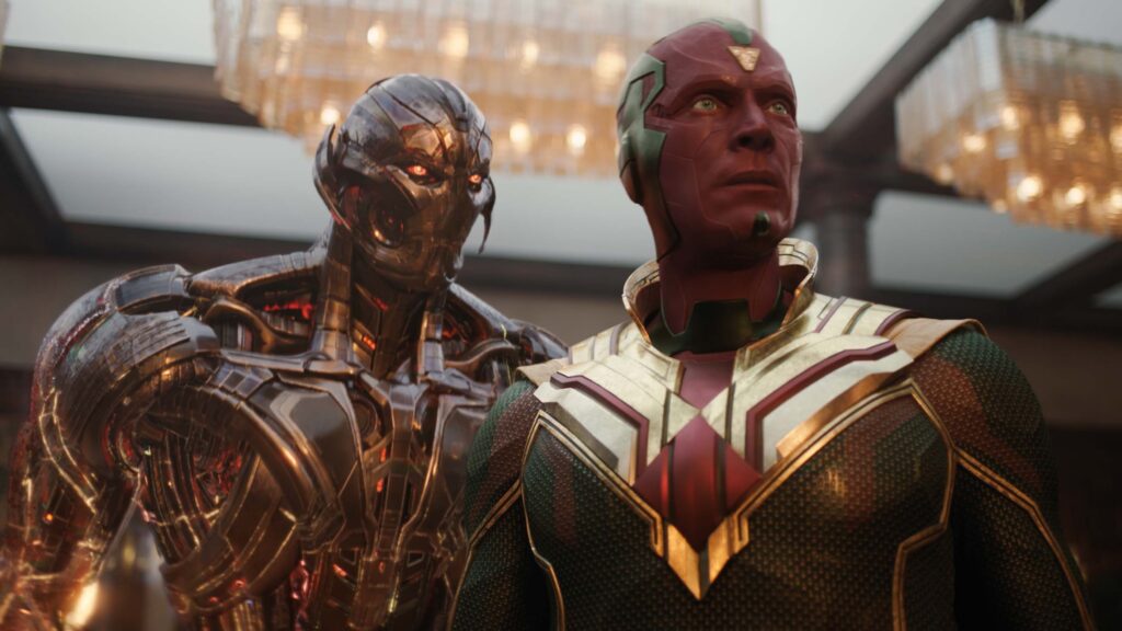 (L TO R) James Spader as Ultron and Paul Bettany as Vision in VisionQuest exclusively on Disney+. Photo courtesy of Marvel. © 2026 Marvel. All Rights Reserved.