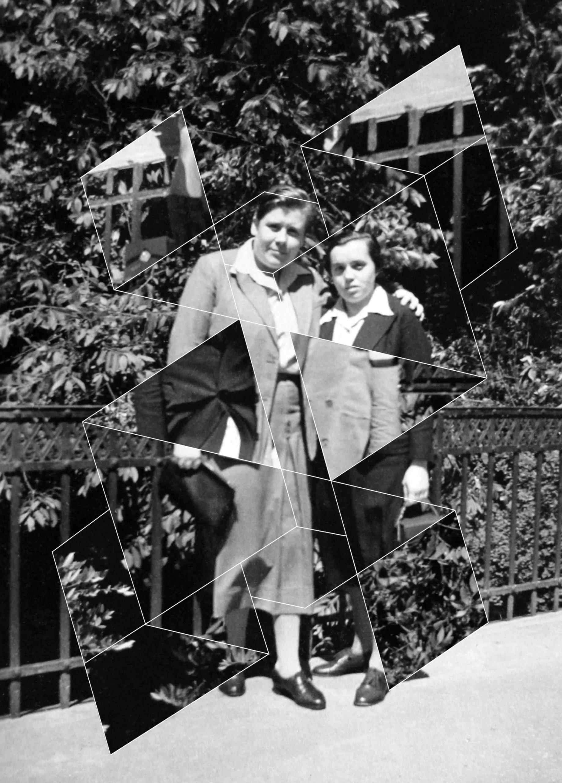 Andrea Geyer’s collage fragments and rearranges an archival photograph of Hilde Radusch and Eddy Klopsch standing together.