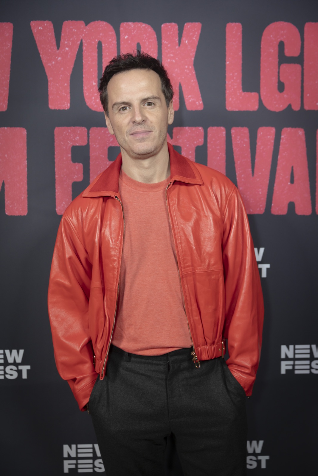 Andrew Scott wearing a red leather jacket at the NewFest premiere of Elsinore in New York.
