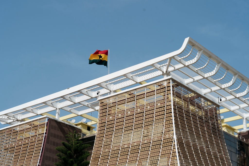 Ghana’s national flag flies above Jubilee House in Accra.